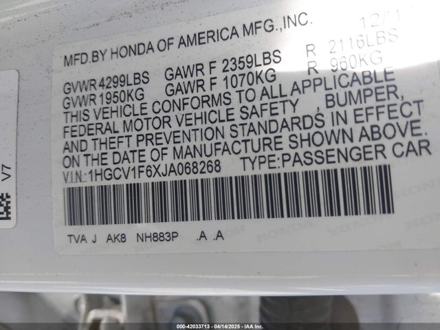 1HGCV1F6XJA068268 Honda l15be