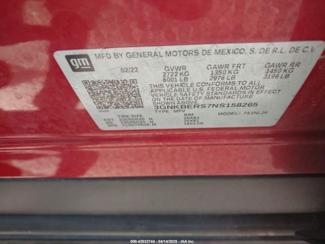 3GNKBERS7NS158265 Chevrolet Blazer Fwd Rs