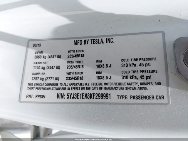 2019 TESLA MODEL 3 5YJ3E1EA8KF299991 Photo 8