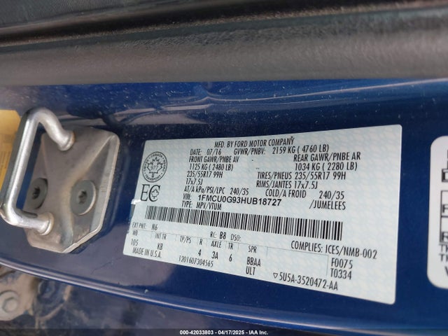 1FMCU0G93HUB18727 Ford ESCAPE SE