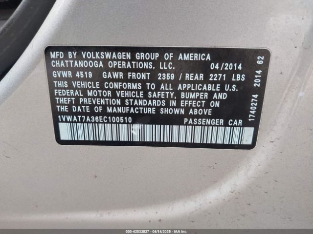 1VWAT7A36EC100510 Volkswagen Passat 1.8t Wolfsburg Edition