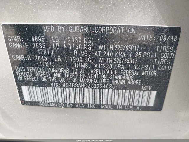 4S4BSAHC2K3224035 Subaru Outback 2.5i Premium