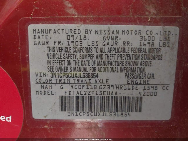 3N1CP5CUXJL536854 Nissan KICKS SV