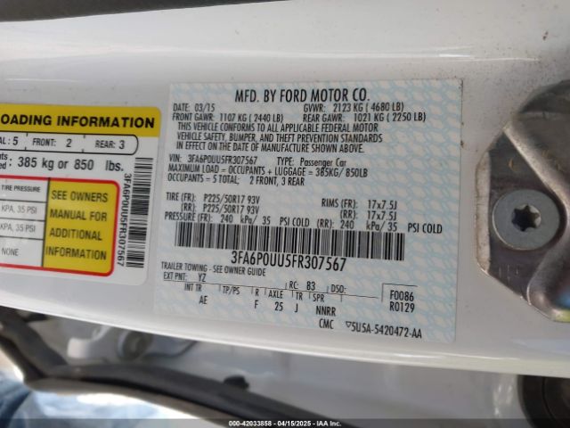3FA6P0UU5FR307567 Ford Fusion Hybrid S