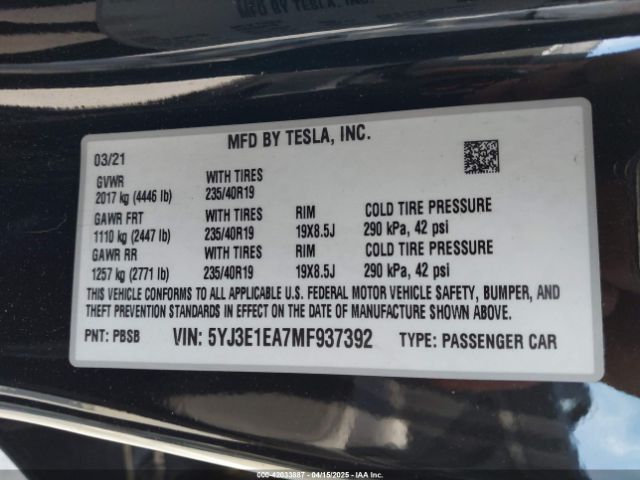 5YJ3E1EA7MF937392 Tesla Model 3 Standard Range Plus Rear-wheel Drive