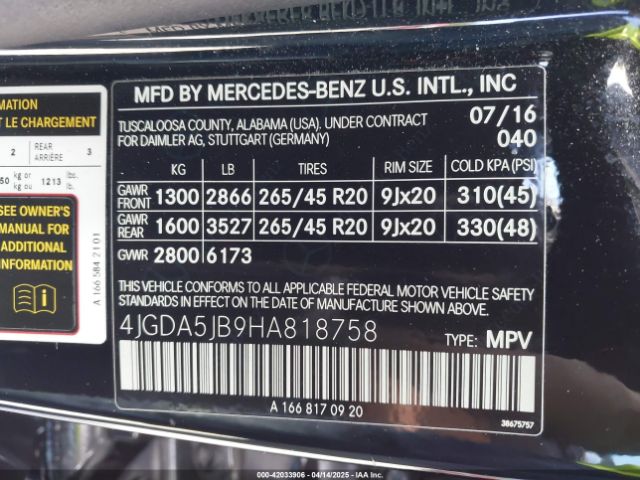 4JGDA5JB9HA818758 Mercedes-Benz GLE 350