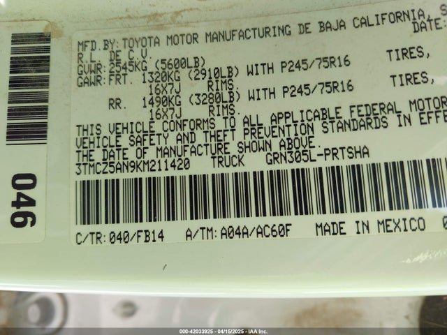 3TMCZ5AN9KM211420 Toyota 2gr-fks