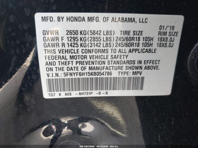 5FNYF6H15KB054786 Honda PILOT LX