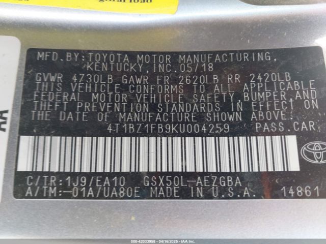 4T1BZ1FB9KU004259 Toyota AVALON XLE