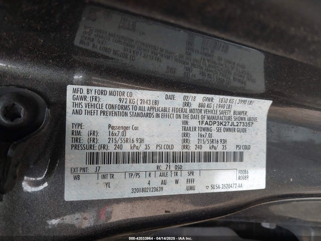 1FADP3K27JL273357 Ford 2.0l gdi