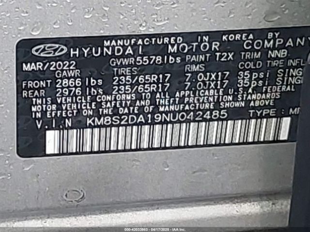 KM8S2DA19NU042485 Hyundai Santa Fe Hybrid Blue