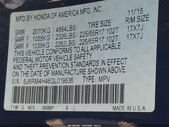5J6RM4H46GL019536 Honda CR-V SE