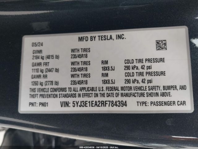 2024 TESLA MODEL 3 5YJ3E1EA2RF784394 Photo 8