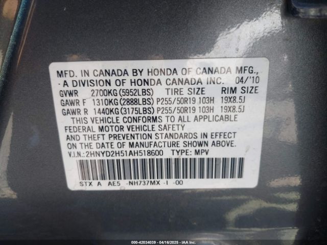 2010 ACURA MDX 2HNYD2H51AH518600 Photo 8