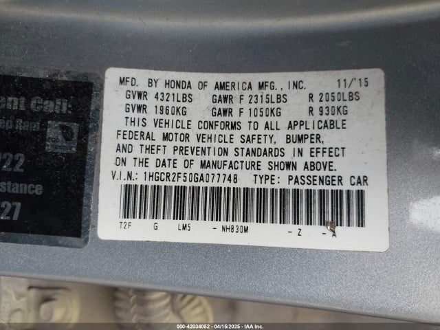 1HGCR2F50GA077748 Honda Accord Sport