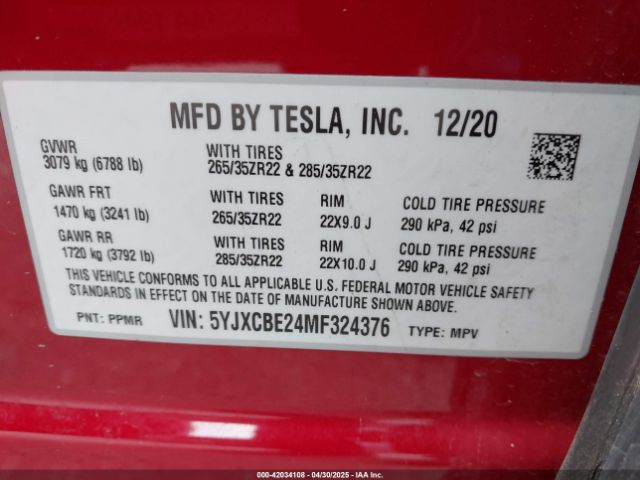 5YJXCBE24MF324376 Tesla Model X Long Range Dual Motor All-wheel Drive/long Range Plus Dual Motor All-wheel Drive