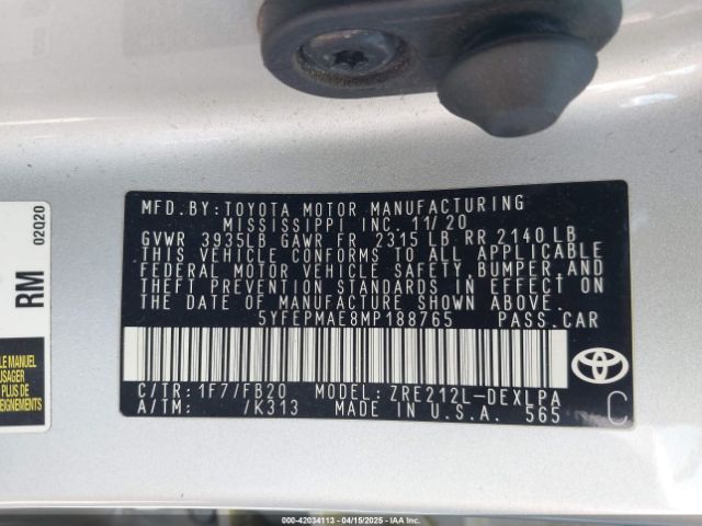 5YFEPMAE8MP188765 Toyota COROLLA LE