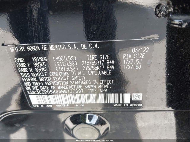 3CZRU5H33NM737697 Honda Hr-v 2wd Lx