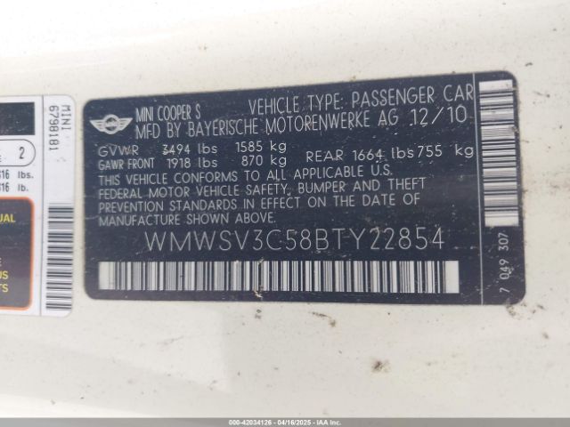 2011 MINI COOPER S WMWSV3C58BTY22854 Photo 8