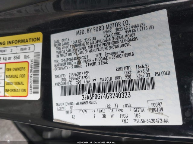 Ford FUSION S 2016 3FA6P0G74GR240323 Image 9