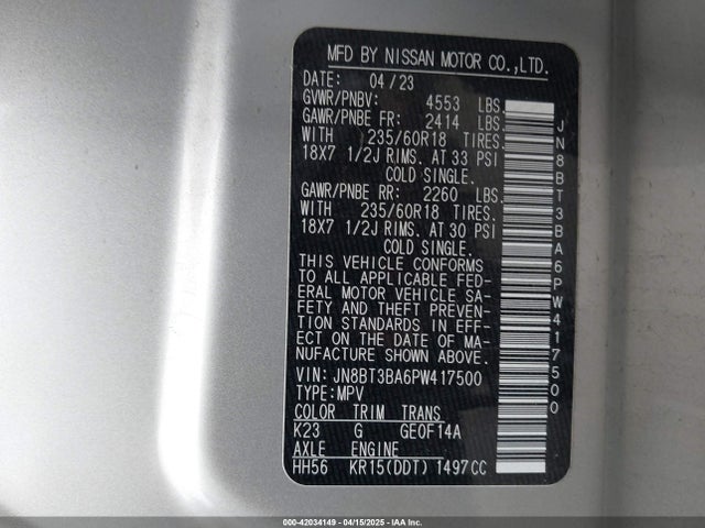 JN8BT3BA6PW417500 Nissan Rogue Sv Fwd