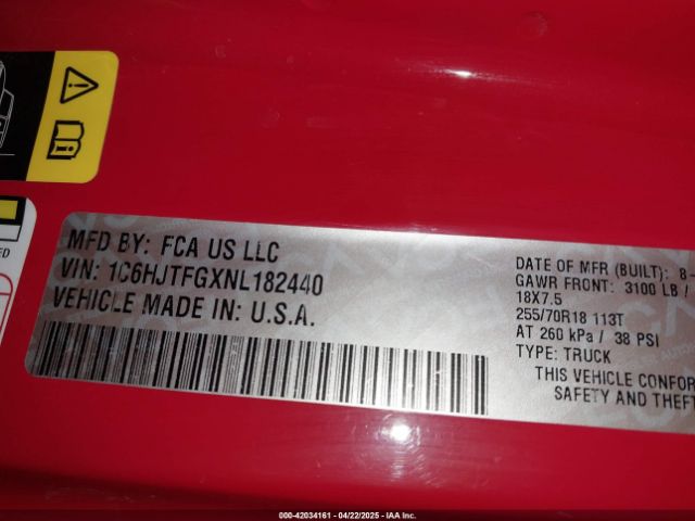 1C6HJTFGXNL182440 Jeep Gladiator Overland 4x4