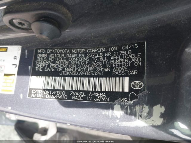 JTDKN3DU9F0453261 Toyota Prius Two