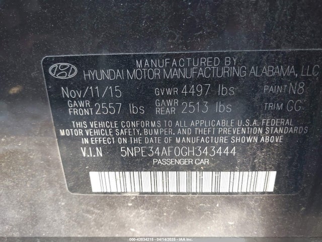 5NPE34AF0GH343444 Hyundai Sonata Sport