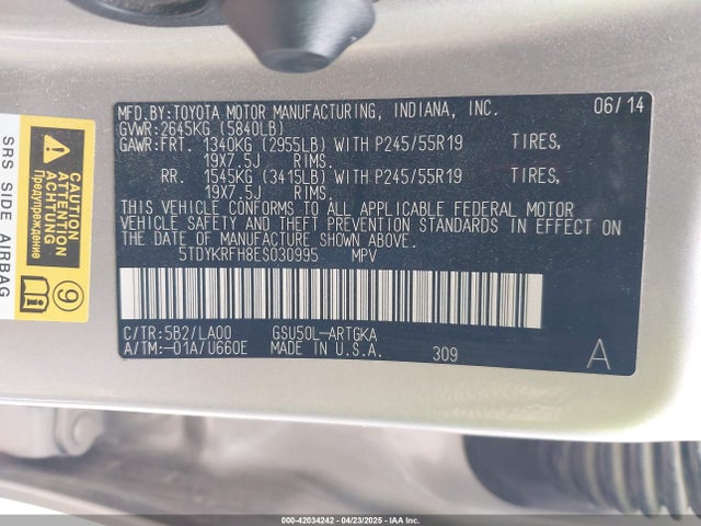 5TDYKRFH8ES030995 Toyota 2gr-fe