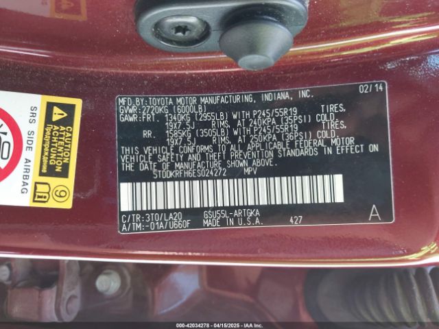 5TDDKRFH6ES024272 Toyota Highlander Limited Platinum V6