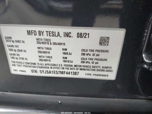 5YJSA1E57MF441387 Tesla Model S Long Range Dual Motor All-wheel Drive