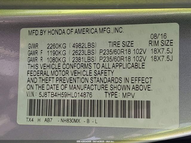5J8TB4H59HL014876 Acura Rdx Technology   Acurawatch Plus Packages/w/technology Package