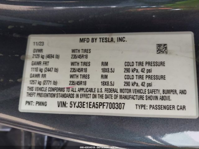 5YJ3E1EA5PF700307 Tesla Model 3 Rear-wheel Drive