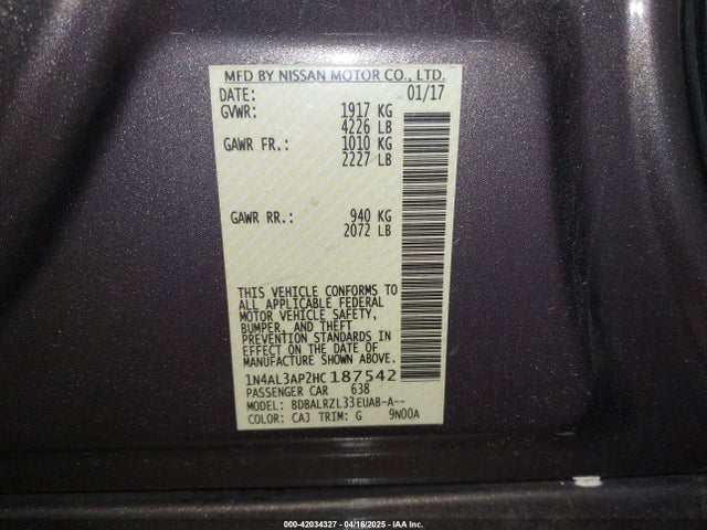 1N4AL3AP2HC187542 Nissan Altima 2.5 Sl