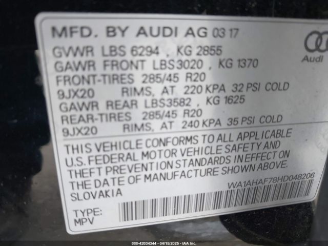WA1AHAF78HD048206 Audi Q7 2.0t Premium