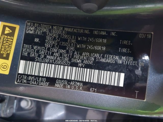 5TDJZRFH1JS850522 Toyota Highlander Xle