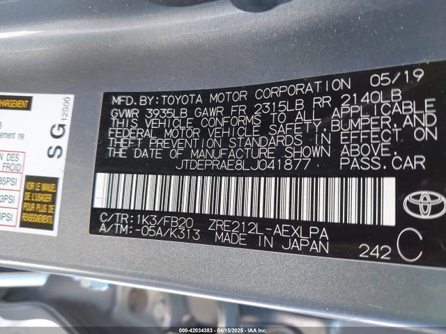 JTDEPRAE8LJ041877 Toyota COROLLA LE
