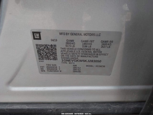 1GNEVGKW5KJ283050 Chevrolet Traverse 1lt