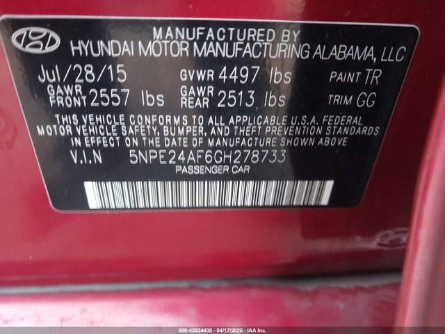 5NPE24AF6GH278733 Hyundai SONATA SE