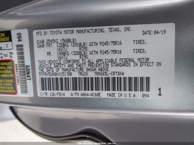 5TFRX5GN8KX151700 Toyota Tacoma Sr