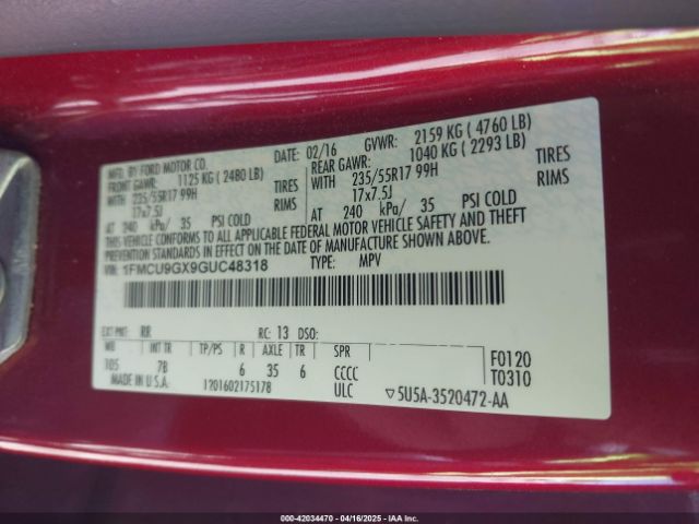 1FMCU9GX9GUC48318 Ford ESCAPE SE