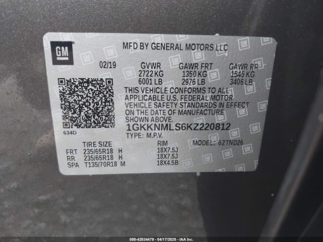 1GKKNMLS6KZ220812 GMC Acadia Slt-1