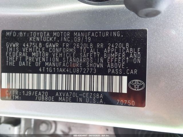4T1G11AK4LU872773 Toyota CAMRY SE