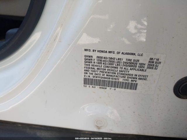 5FNYF6H04GB107072 Honda Pilot Elite