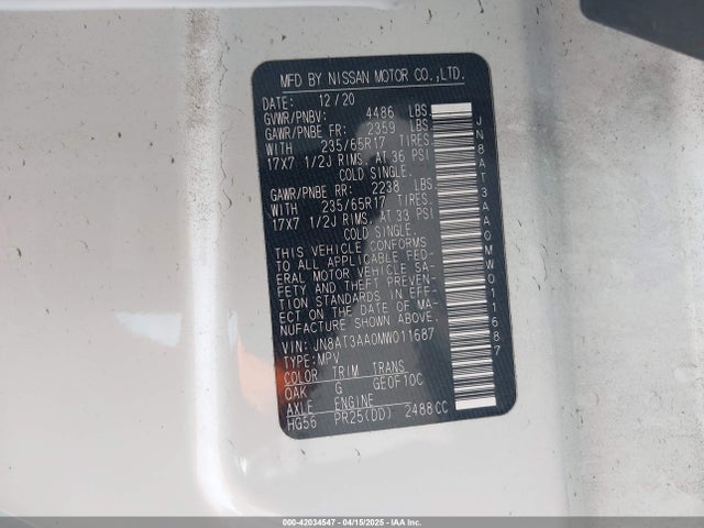 JN8AT3AA0MW011687 Nissan Rogue S Fwd