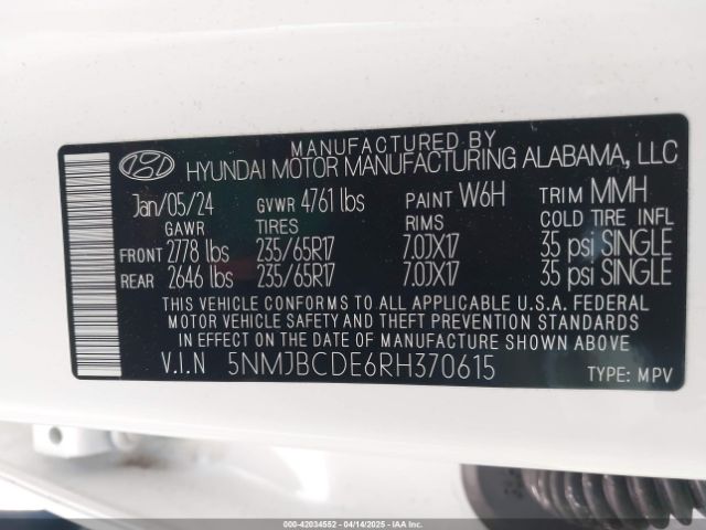 5NMJBCDE6RH370615 Hyundai TUCSON SEL