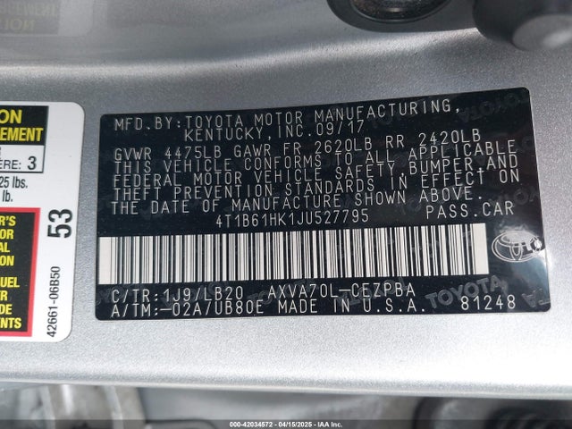 4T1B61HK1JU527795 Toyota CAMRY XSE