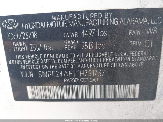 5NPE24AF1KH751737 Hyundai gdi theta-ii