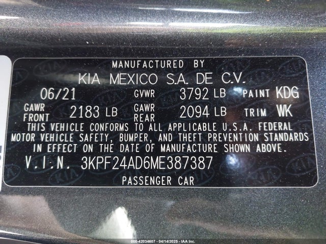 3KPF24AD6ME387387 KIA Forte Lxs