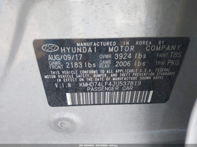 KMHD74LF4JU537819 Hyundai ELANTRA SE